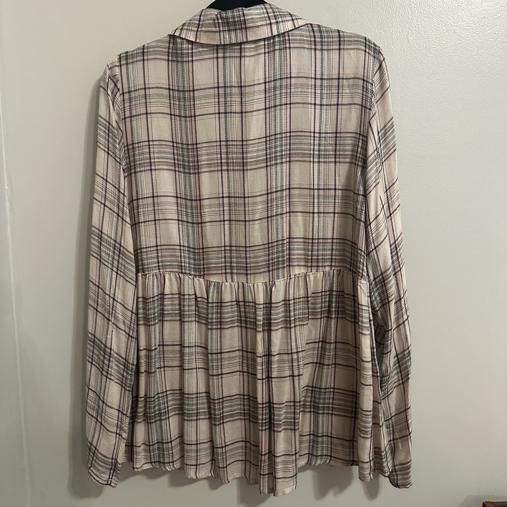 Knox Rose Women's Raw Trim Plaid Long Roll Sleeve Collared Popover Pink Top Sz M - Picture 4 of 4